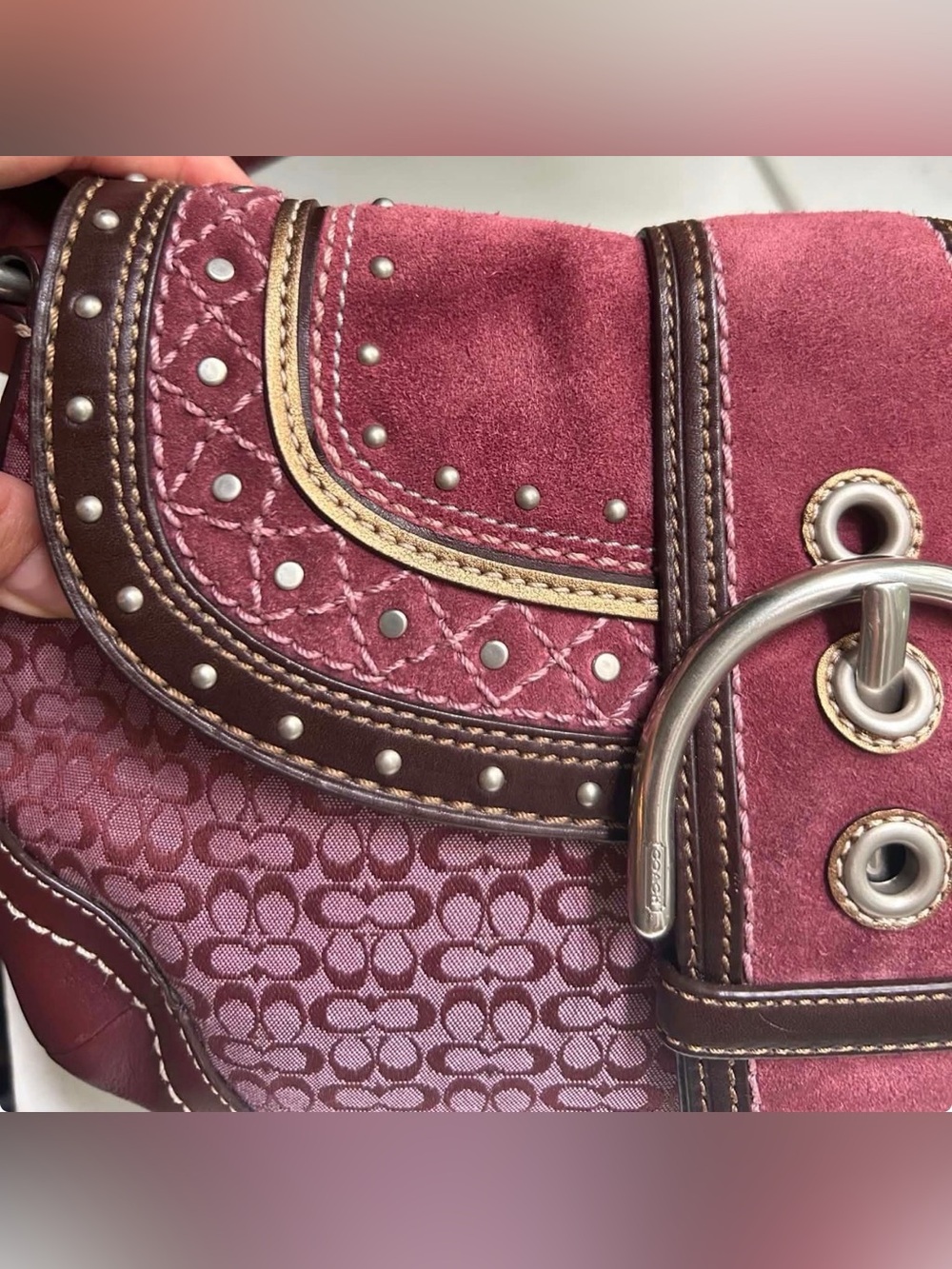 Coach Soho Flap RARE Plum/Burgundy Suede & Mini C Shoulder Bag with Studs - Picture 4 of 8